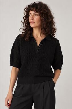 Mr. Mittens Pointelle Knit Crochet Polo Black Cotton Sweater Top XS Small